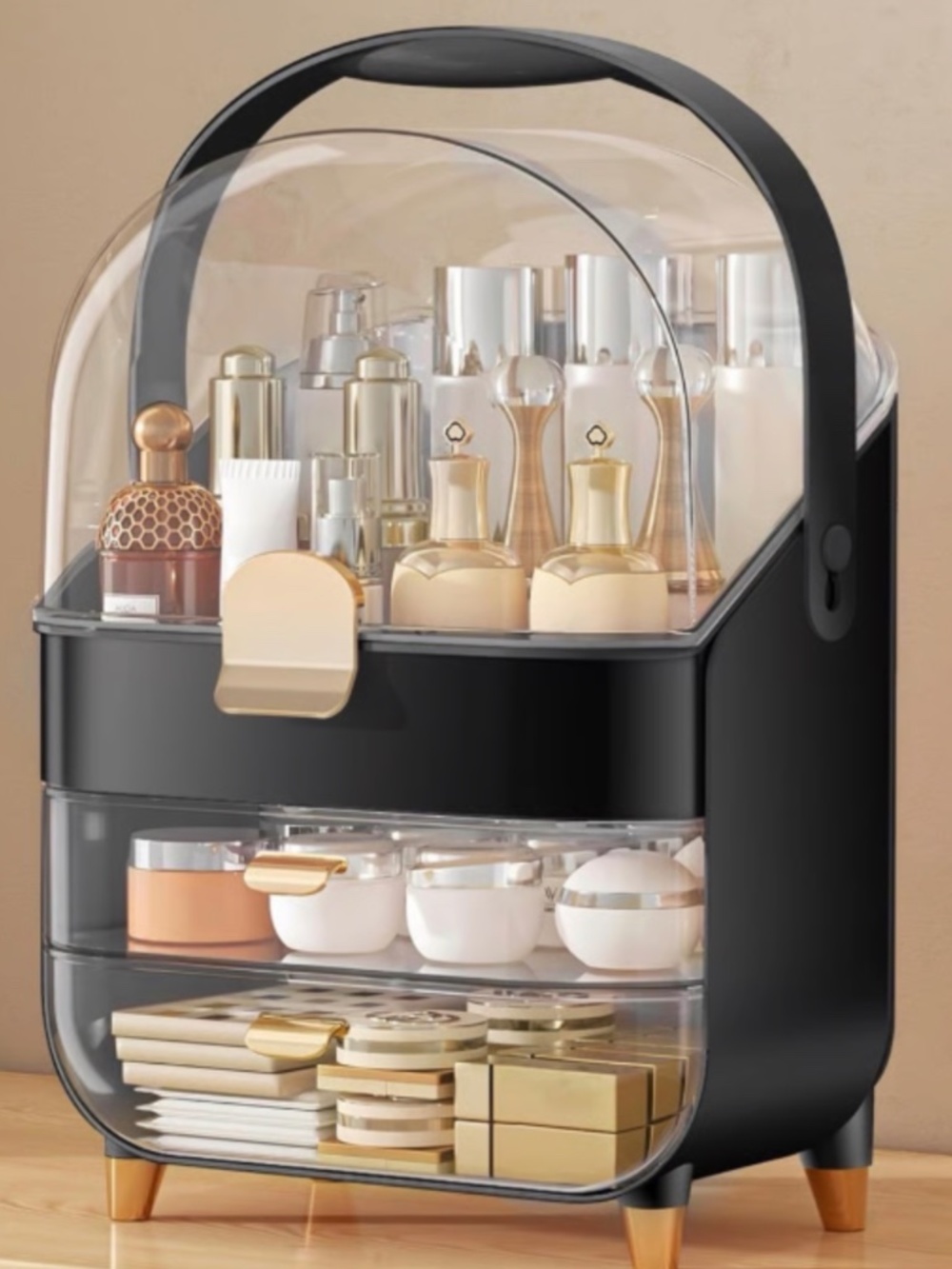 New Makeup Organizer Storage Box Lux Case in Black with Clear Dome